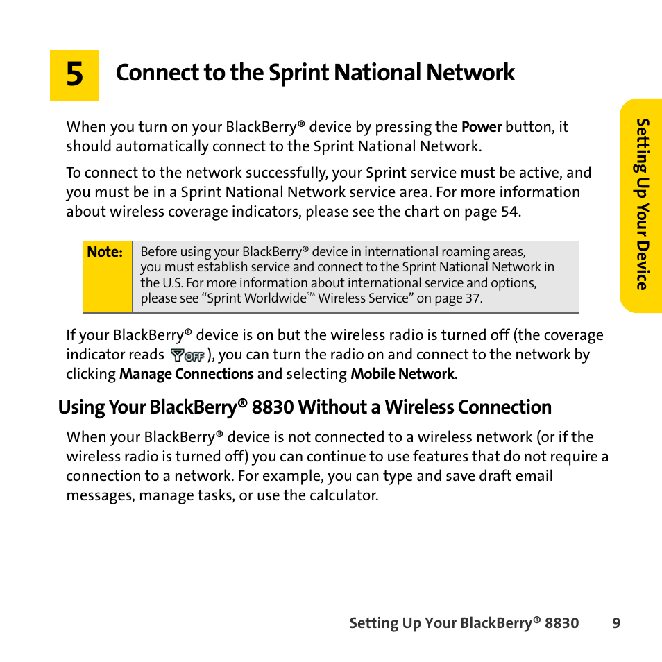 Connect to the sprint national network | Sprint Nextel BlackBerry 8830 User Manual | Page 17 / 92