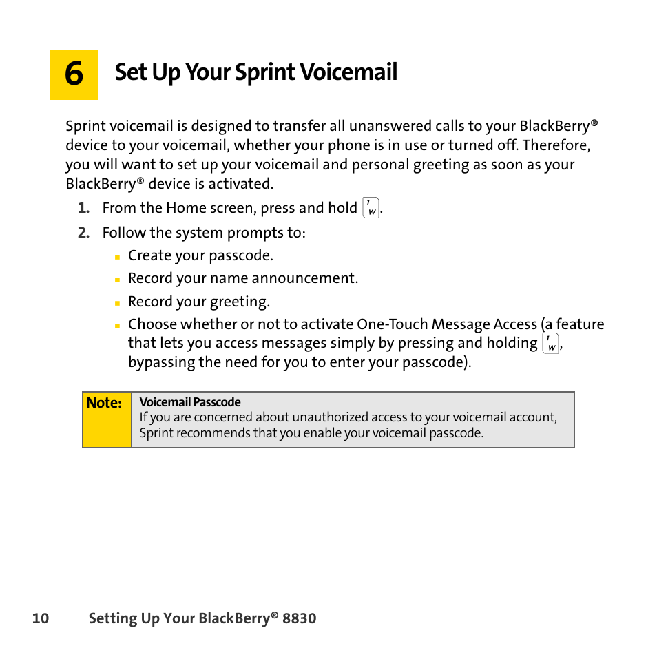 Set up your sprint voicemail | Sprint Nextel BlackBerry 8830 User Manual | Page 18 / 92