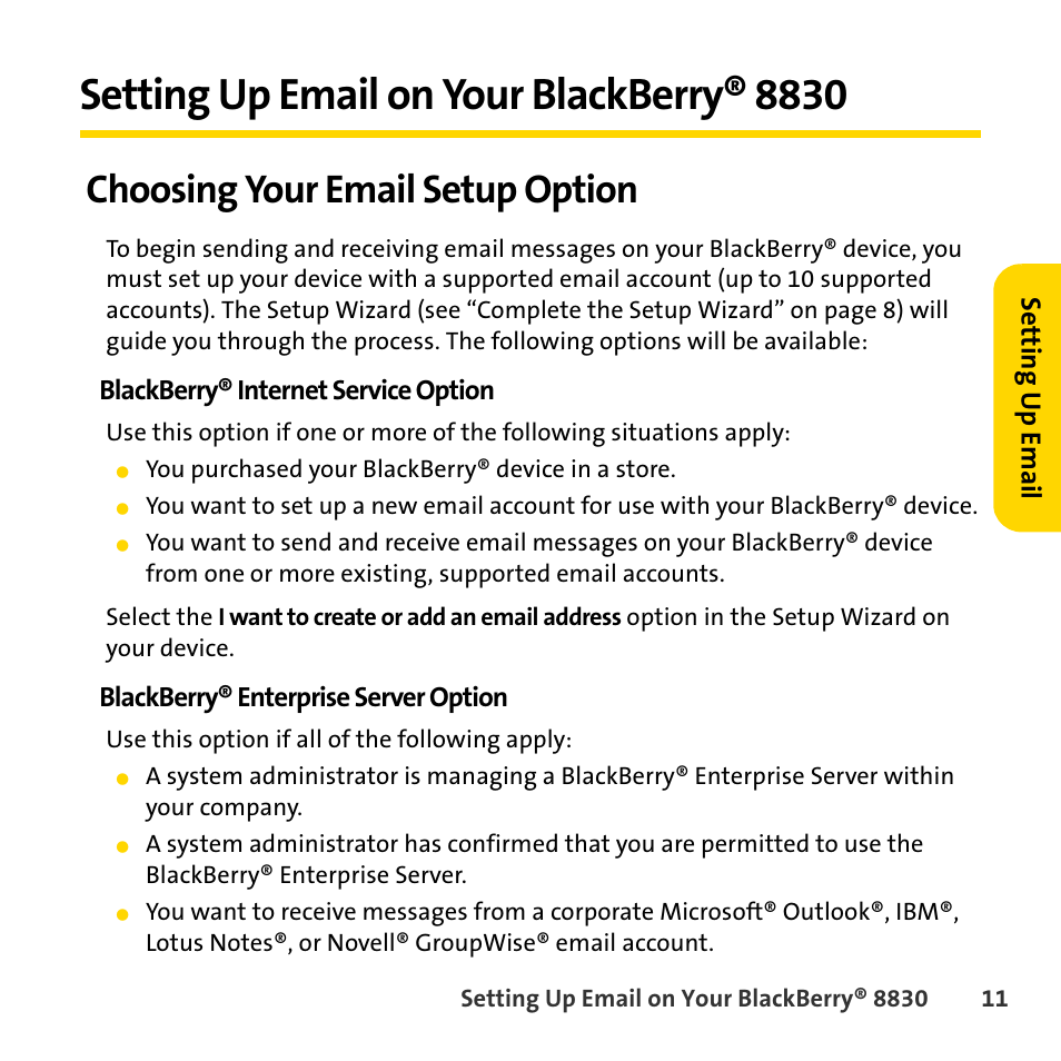 Setting up email on your blackberry® 8830, Choosing your email setup option | Sprint Nextel BlackBerry 8830 User Manual | Page 19 / 92