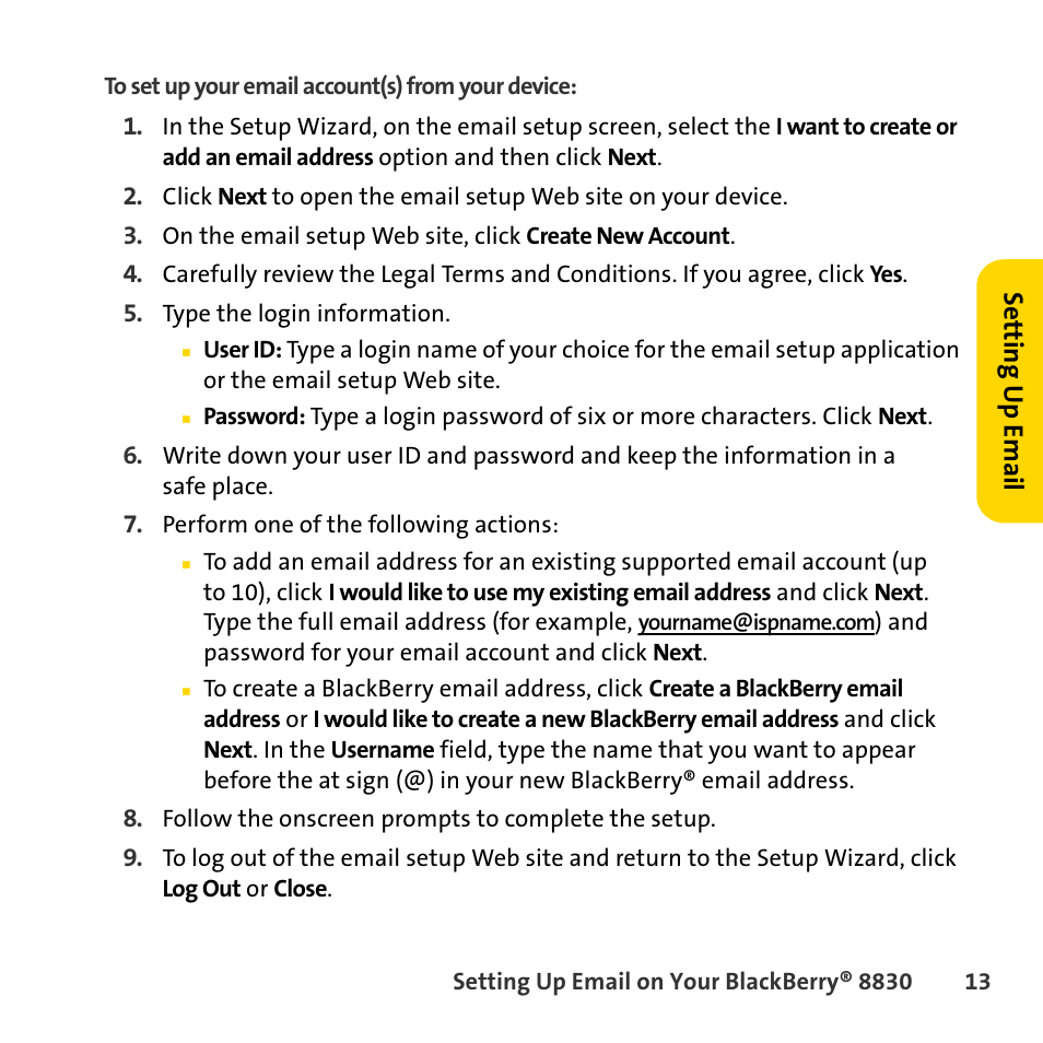 Setting u p email | Sprint Nextel BlackBerry 8830 User Manual | Page 21 / 92