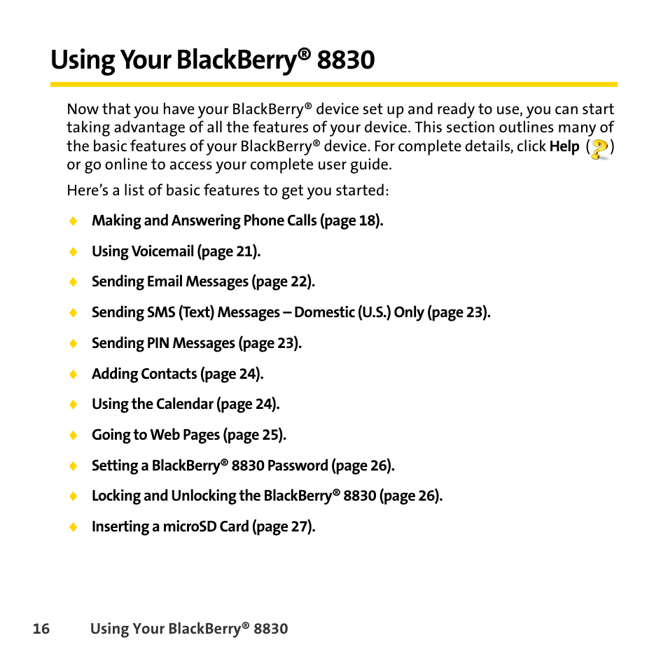 Using your blackberry® 8830 | Sprint Nextel BlackBerry 8830 User Manual | Page 24 / 92