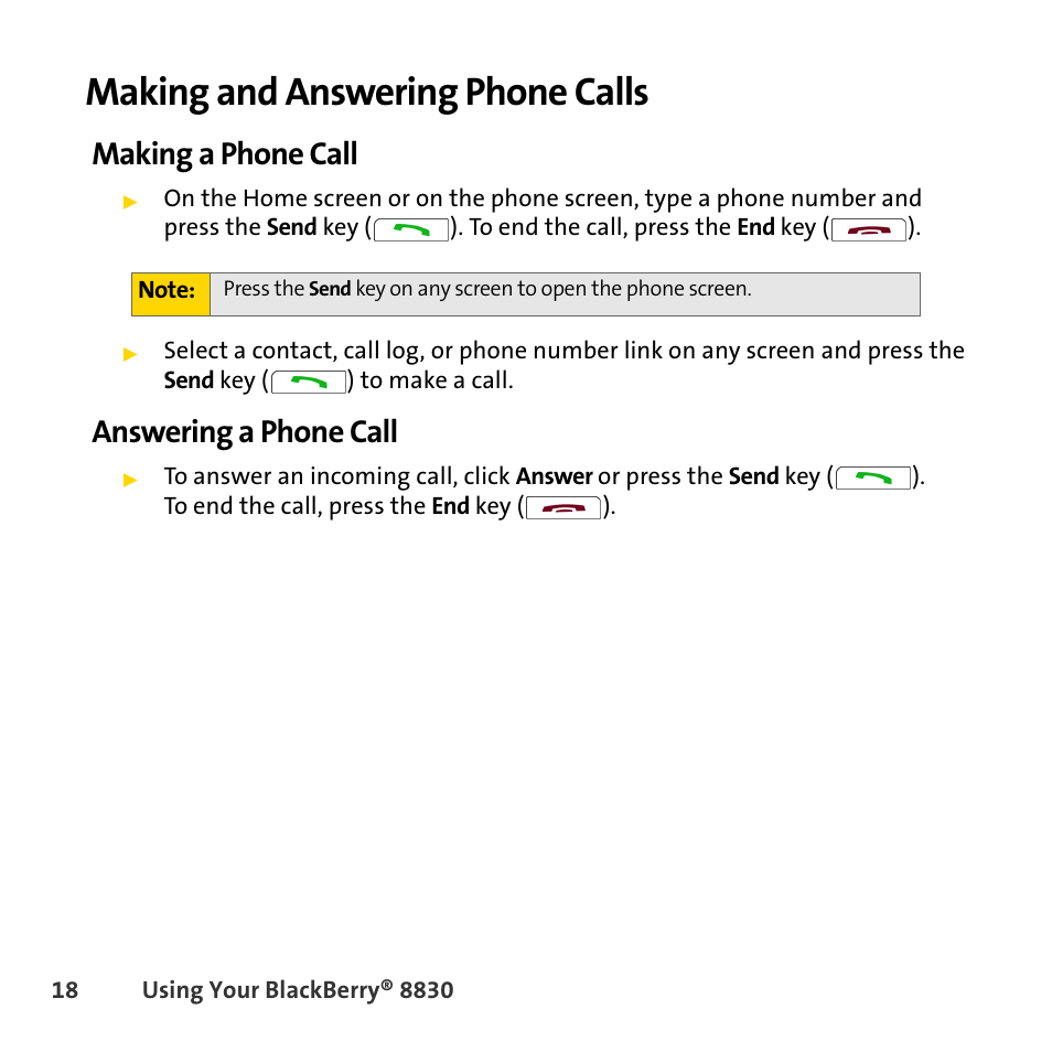 Making and answering phone calls, Making a phone call, Answering a phone call | Sprint Nextel BlackBerry 8830 User Manual | Page 26 / 92