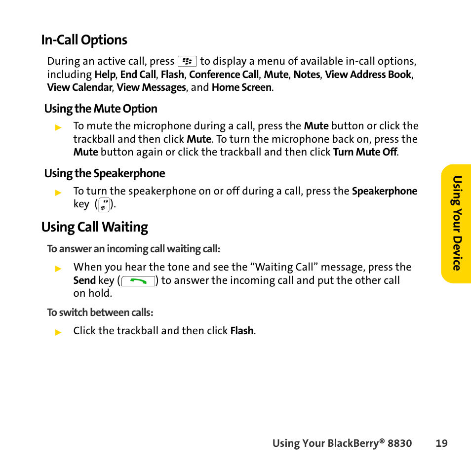 In-call options, Using call waiting | Sprint Nextel BlackBerry 8830 User Manual | Page 27 / 92