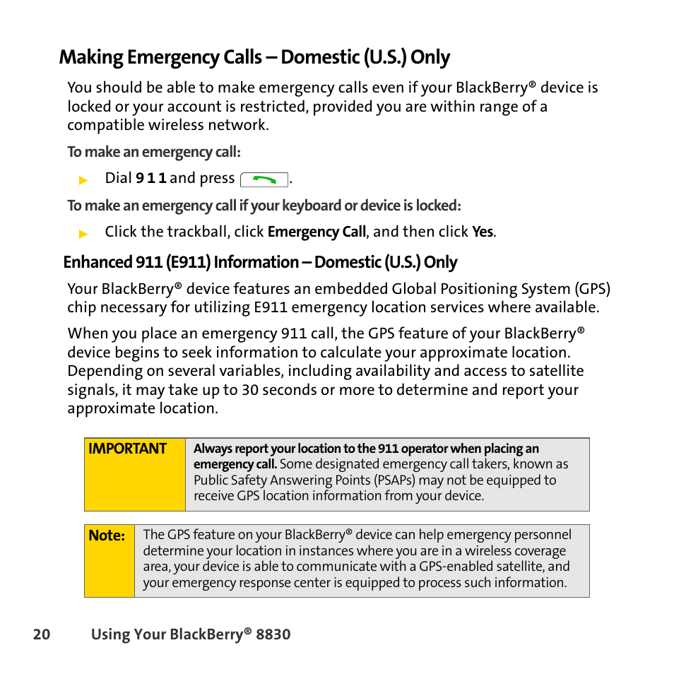 Making emergency calls - domestic (u.s.) only, Making emergency calls – domestic (u.s.) only | Sprint Nextel BlackBerry 8830 User Manual | Page 28 / 92