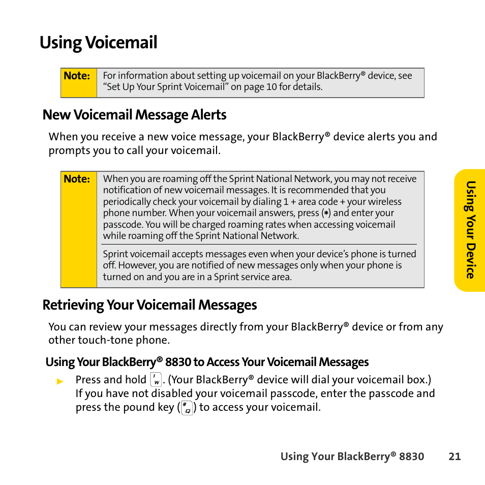 Using voicemail, New voicemail message alerts, Retrieving your voicemail messages | Sprint Nextel BlackBerry 8830 User Manual | Page 29 / 92