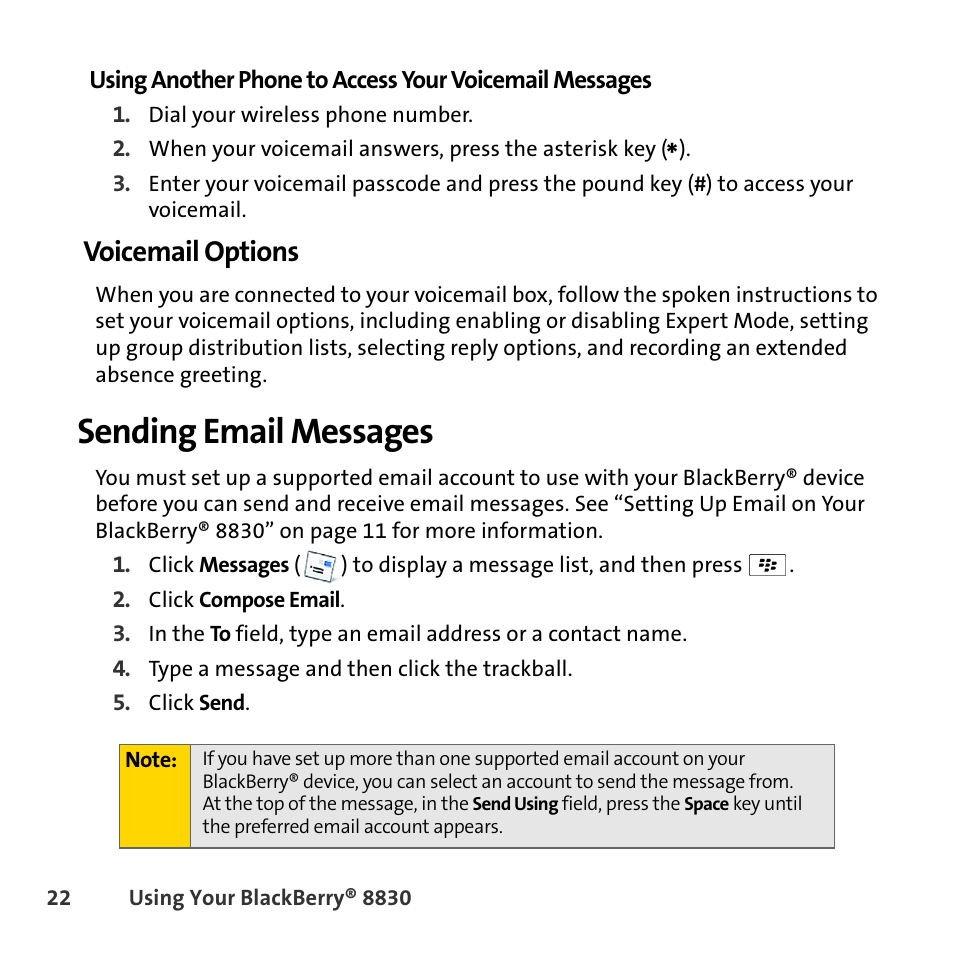 Voicemail options, Sending email messages | Sprint Nextel BlackBerry 8830 User Manual | Page 30 / 92