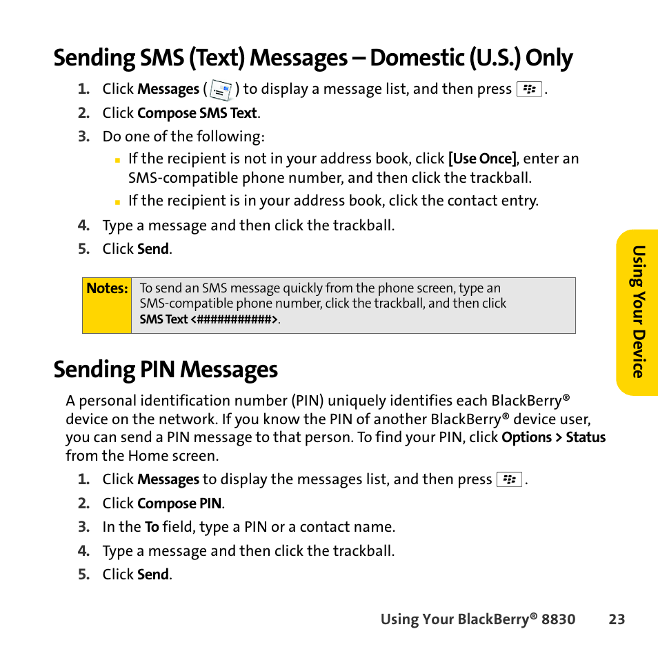 Sending sms (text) messages - domestic (u.s.) only, Sending pin messages, Sending sms (text) messages – domestic (u.s.) only | Sprint Nextel BlackBerry 8830 User Manual | Page 31 / 92