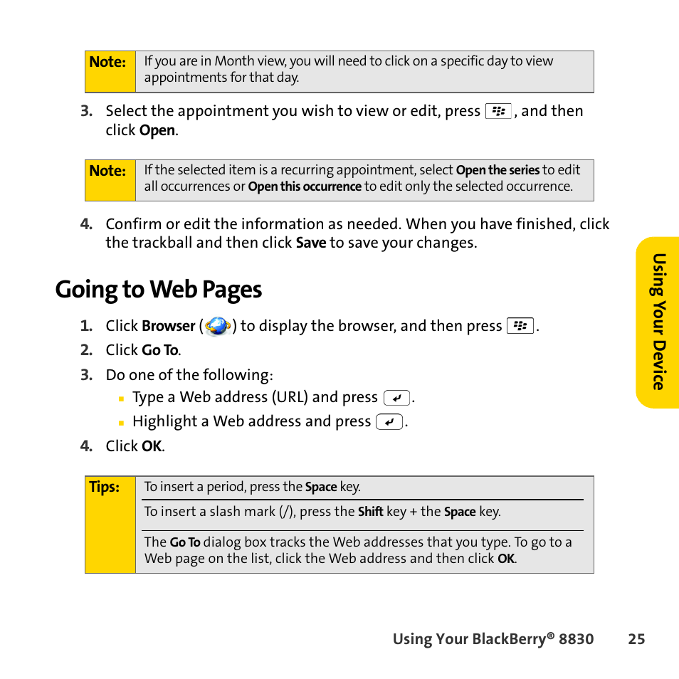 Going to web pages | Sprint Nextel BlackBerry 8830 User Manual | Page 33 / 92