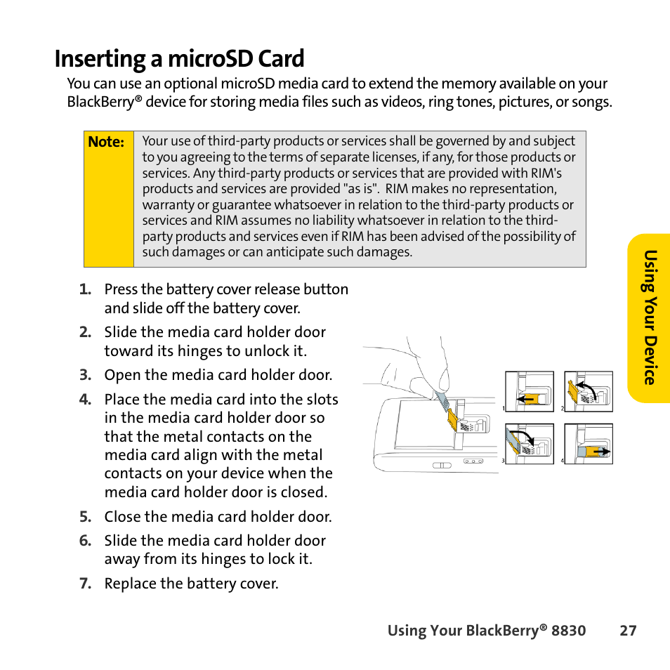 Inserting a microsd card | Sprint Nextel BlackBerry 8830 User Manual | Page 35 / 92