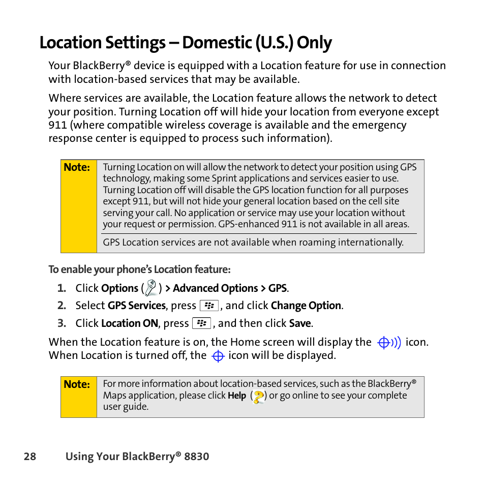 Location settings - domestic (u.s.) only, Location settings – domestic (u.s.) only | Sprint Nextel BlackBerry 8830 User Manual | Page 36 / 92