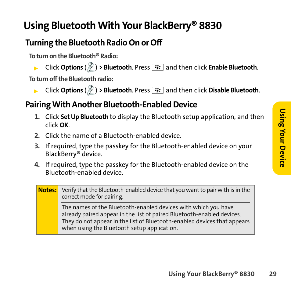 Using bluetooth with your blackberry® 8830, Turning the bluetooth radio on or off, Pairing with another bluetooth-enabled device | Sprint Nextel BlackBerry 8830 User Manual | Page 37 / 92