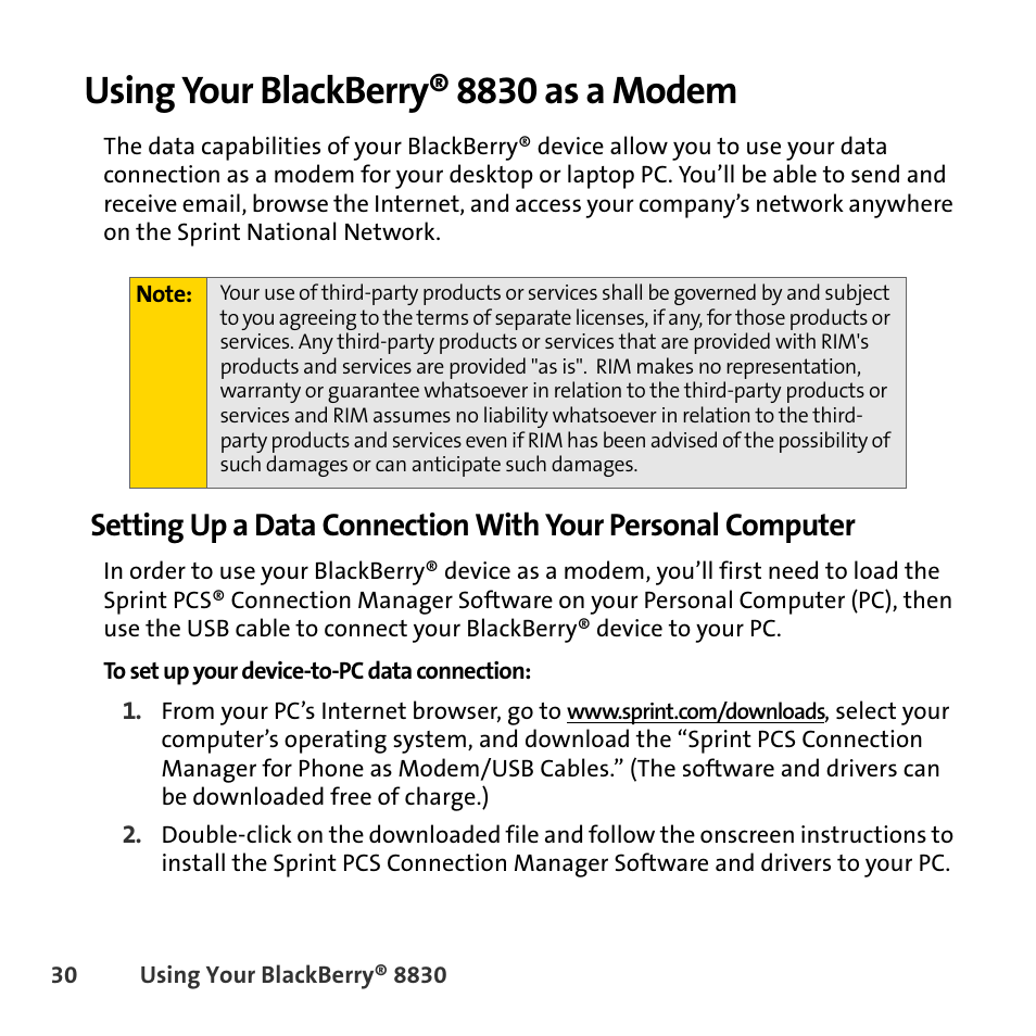 Using your blackberry® 8830 as a modem | Sprint Nextel BlackBerry 8830 User Manual | Page 38 / 92