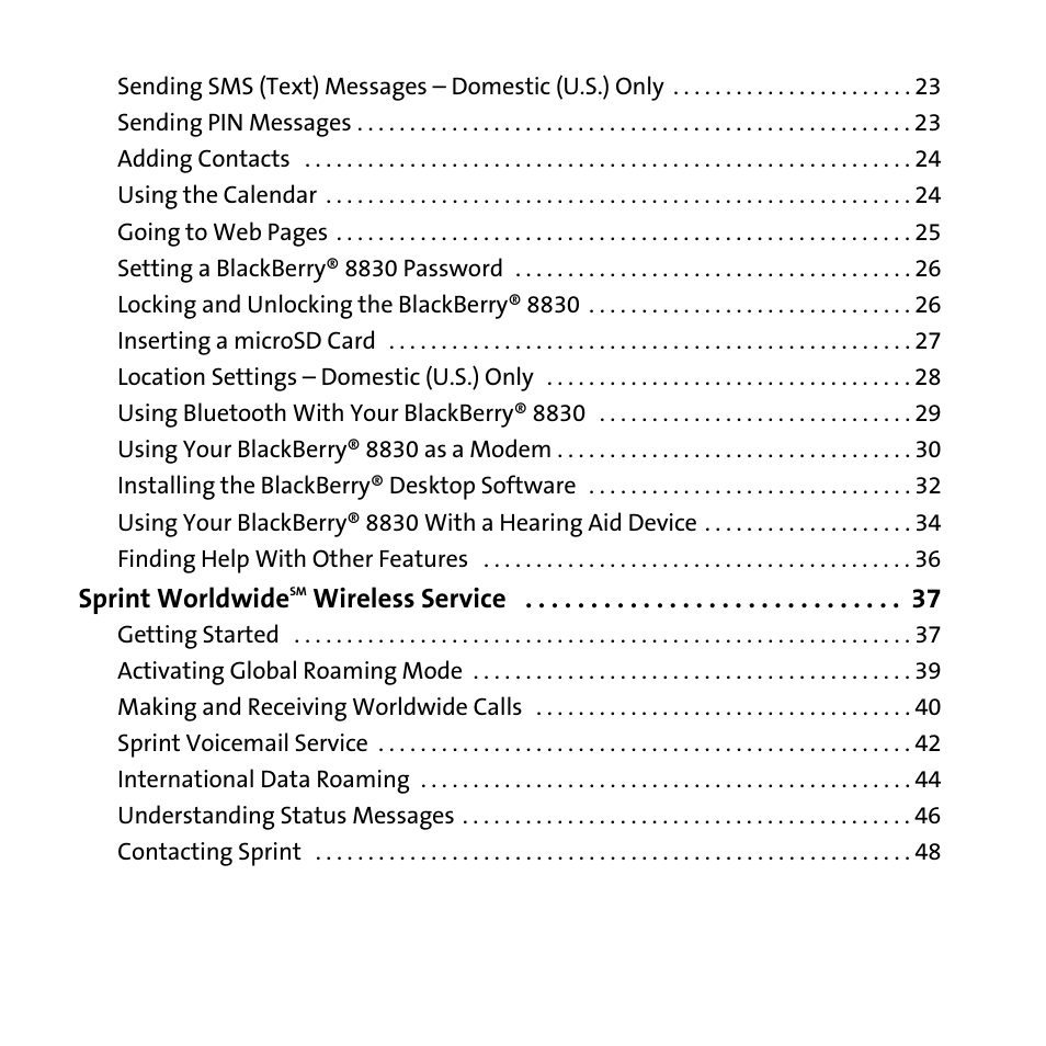 Sprint worldwide, Wireless service | Sprint Nextel BlackBerry 8830 User Manual | Page 4 / 92