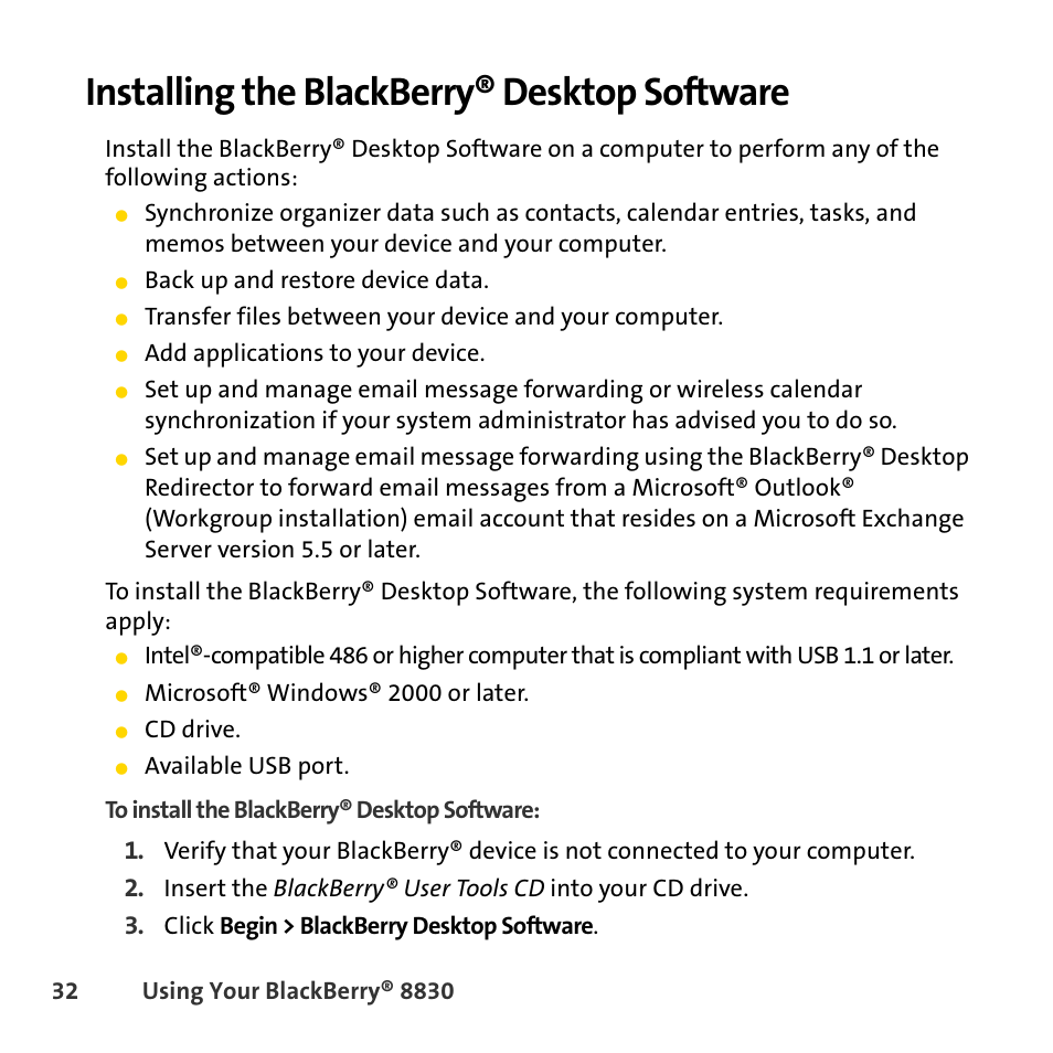 Installing the blackberry® desktop software | Sprint Nextel BlackBerry 8830 User Manual | Page 40 / 92
