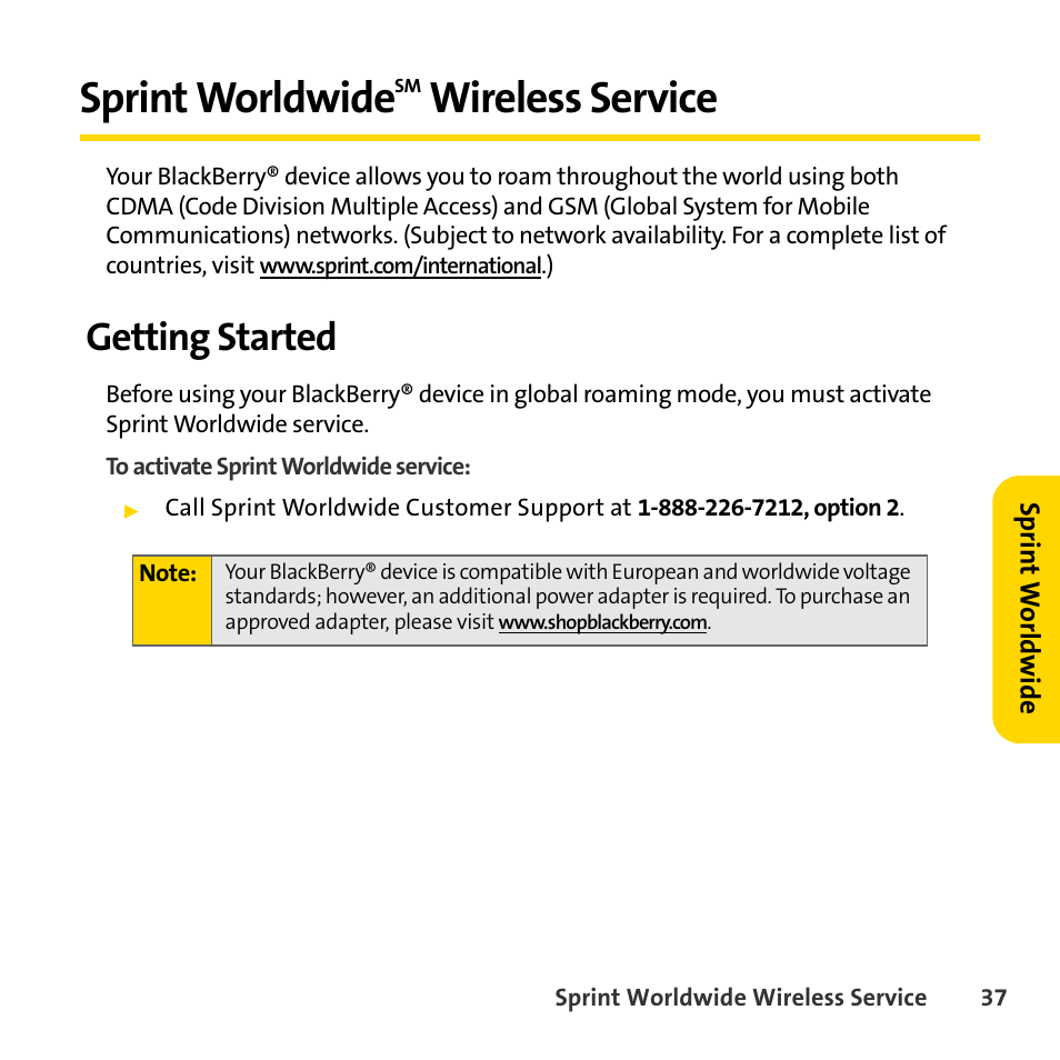 Sprint worldwidesm wireless service, Getting started, Sprint worldwide | Wireless service | Sprint Nextel BlackBerry 8830 User Manual | Page 45 / 92
