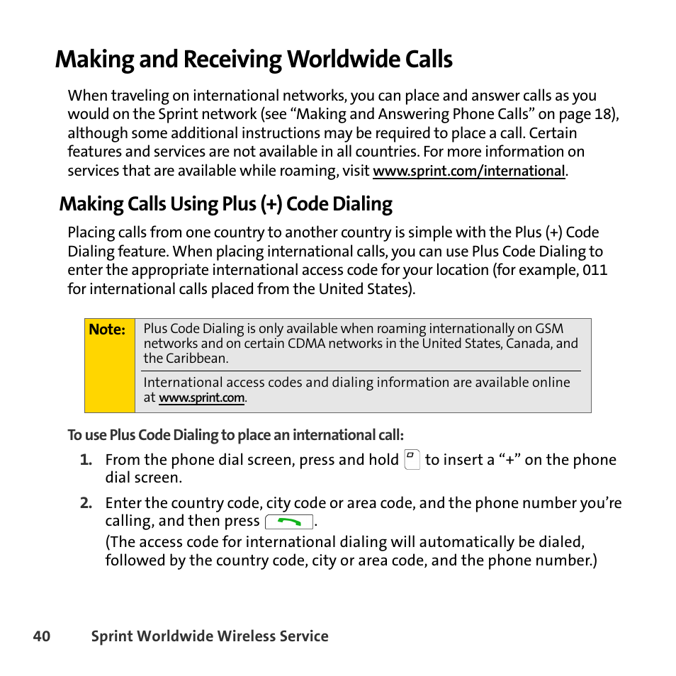 Making and receiving worldwide calls, Making calls using plus (+) code dialing | Sprint Nextel BlackBerry 8830 User Manual | Page 48 / 92