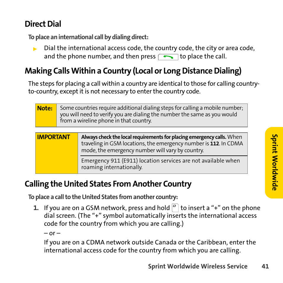 Direct dial, Calling the united states from another country | Sprint Nextel BlackBerry 8830 User Manual | Page 49 / 92