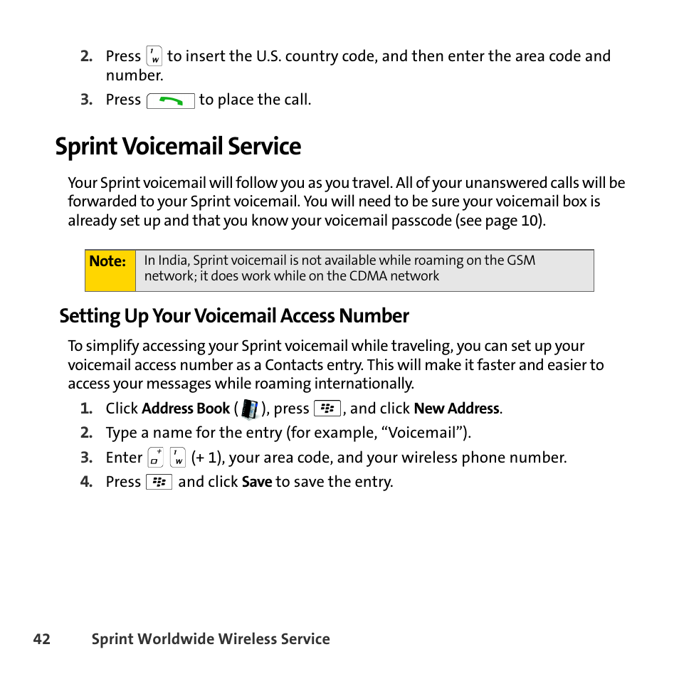 Sprint voicemail service, Setting up your voicemail access number | Sprint Nextel BlackBerry 8830 User Manual | Page 50 / 92