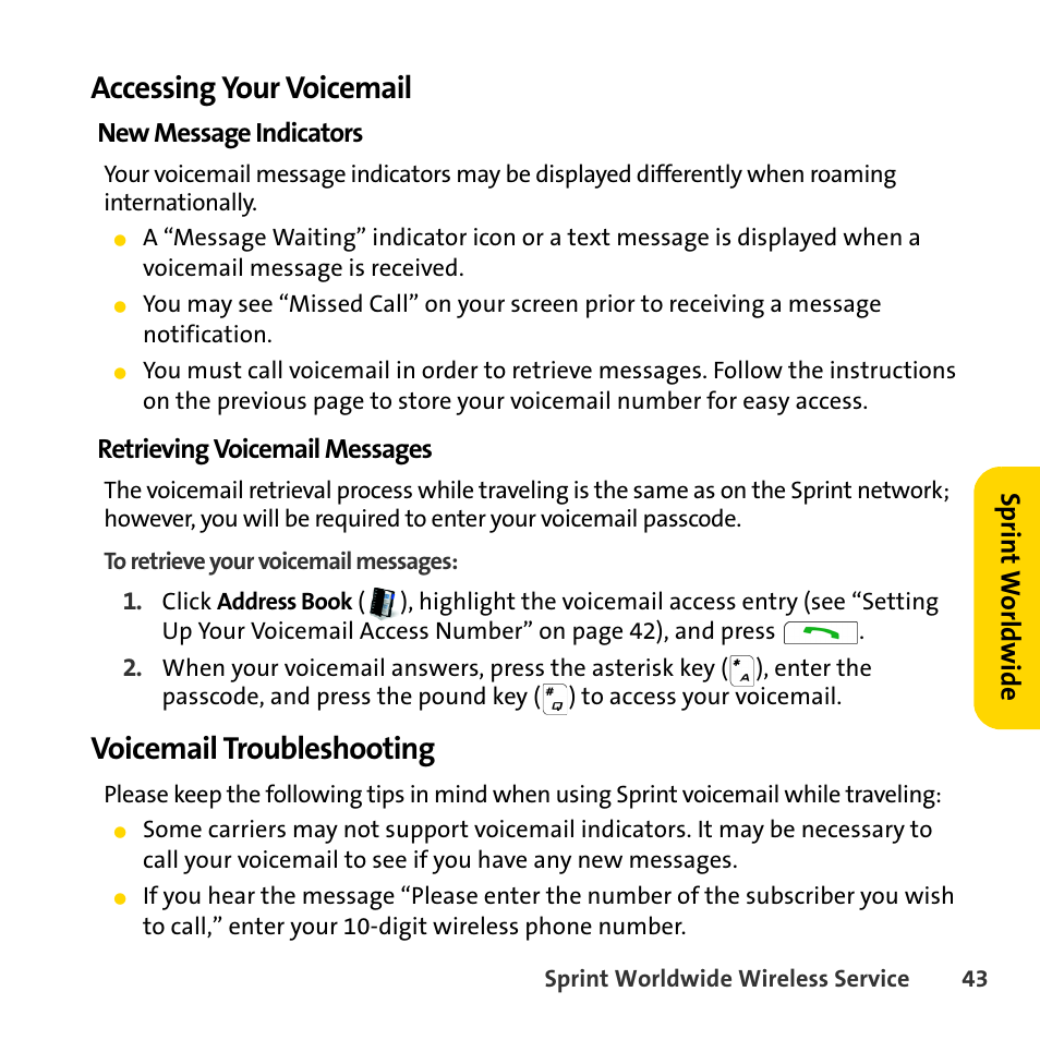 Accessing your voicemail, Voicemail troubleshooting | Sprint Nextel BlackBerry 8830 User Manual | Page 51 / 92