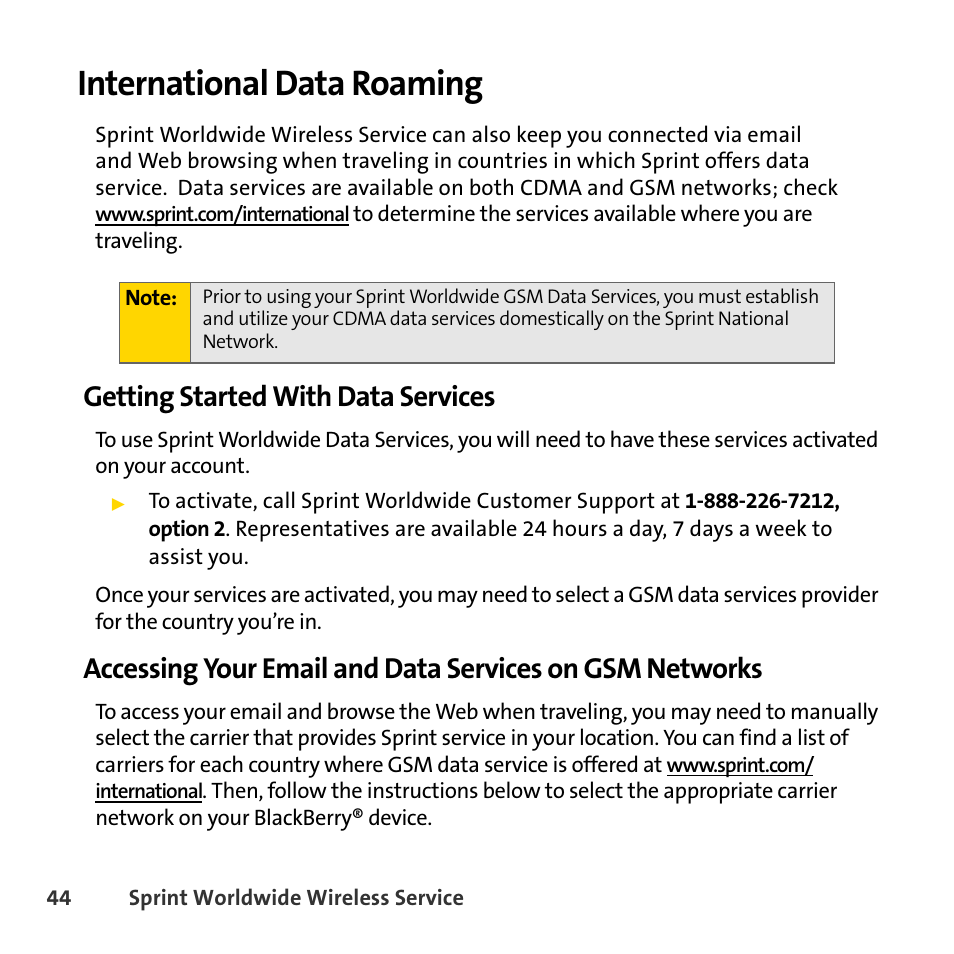 International data roaming, Getting started with data services | Sprint Nextel BlackBerry 8830 User Manual | Page 52 / 92
