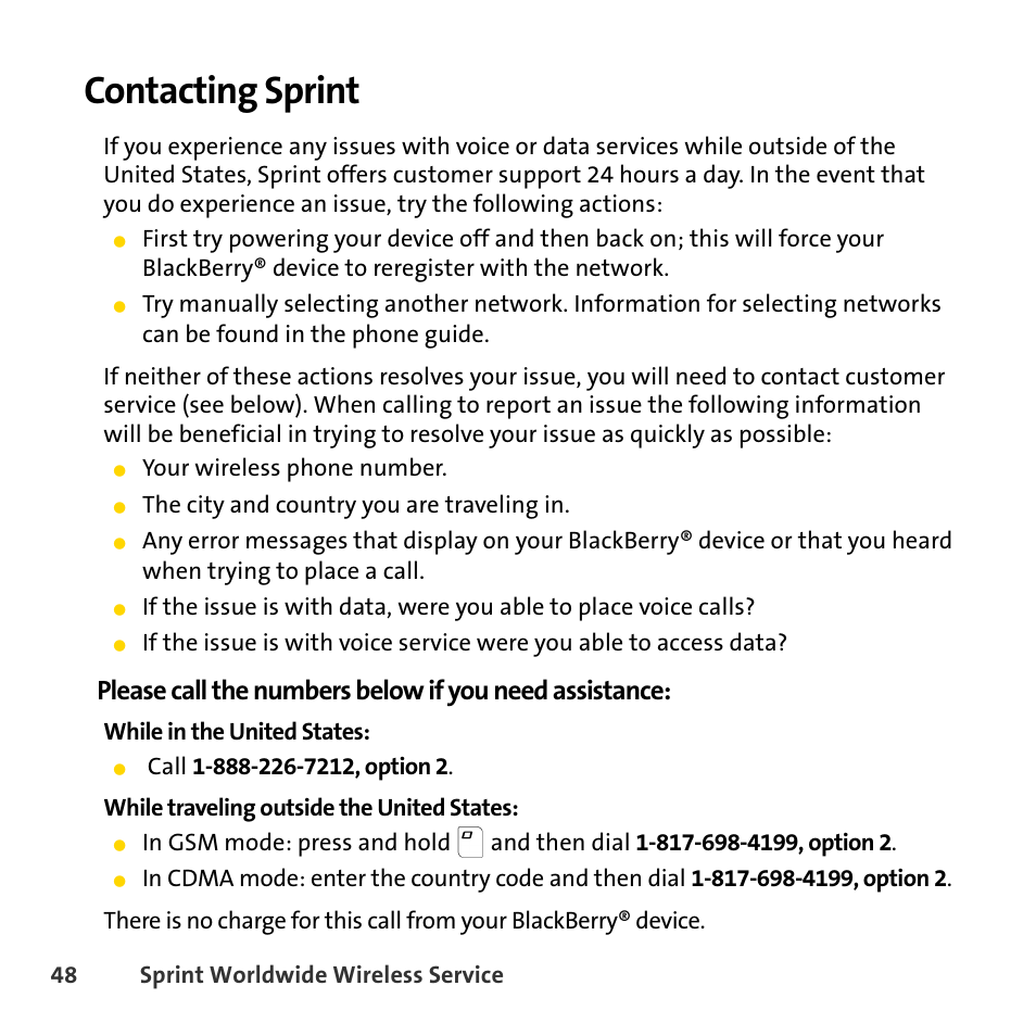 Contacting sprint | Sprint Nextel BlackBerry 8830 User Manual | Page 56 / 92