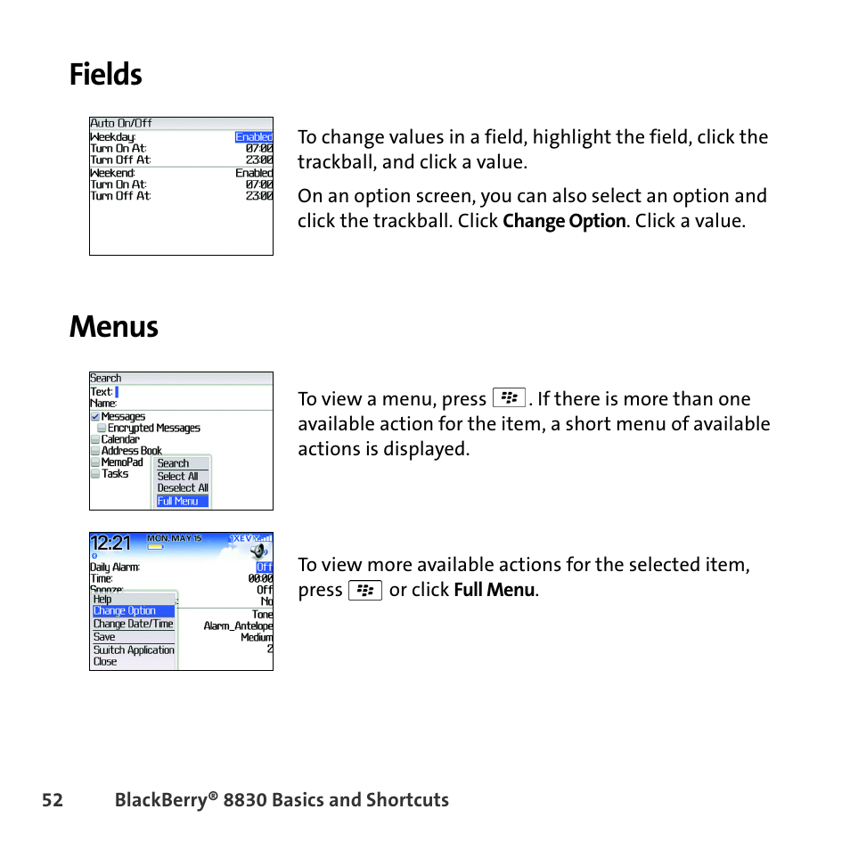Fields, Menus, Fields menus | Sprint Nextel BlackBerry 8830 User Manual | Page 60 / 92