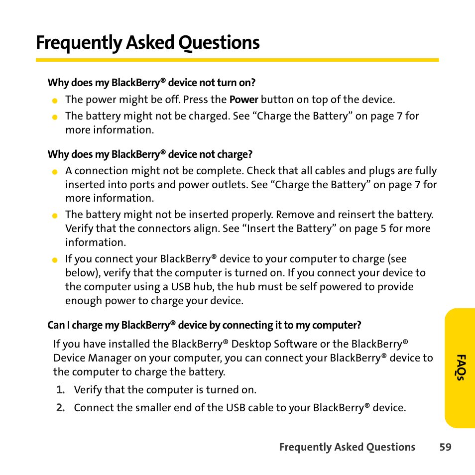 Frequently asked questions, Why does my blackberry® device not turn on, Why does my blackberry® device not charge | Fa q s | Sprint Nextel BlackBerry 8830 User Manual | Page 67 / 92