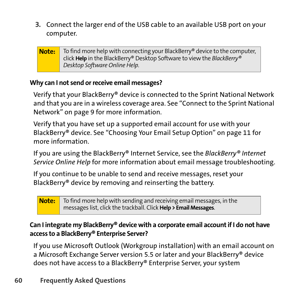 Why can i not send or receive email messages | Sprint Nextel BlackBerry 8830 User Manual | Page 68 / 92