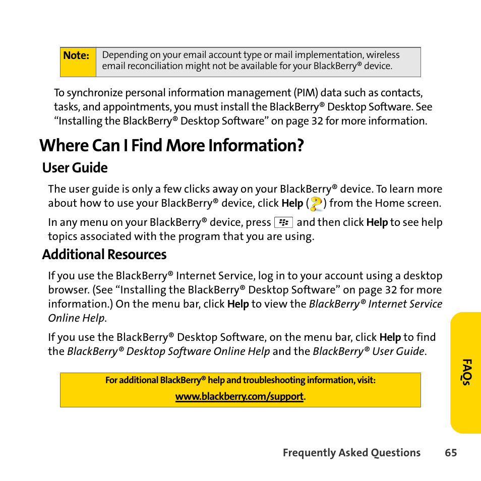 Where can i find more information, User guide, Additional resources | Sprint Nextel BlackBerry 8830 User Manual | Page 73 / 92