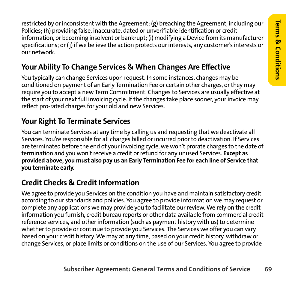 Your right to terminate services, Credit checks & credit information | Sprint Nextel BlackBerry 8830 User Manual | Page 77 / 92