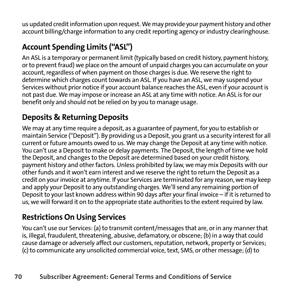 Account spending limits (“asl”), Deposits & returning deposits, Restrictions on using services | Sprint Nextel BlackBerry 8830 User Manual | Page 78 / 92