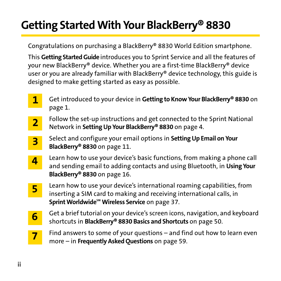 Getting started with your blackberry® 8830 | Sprint Nextel BlackBerry 8830 User Manual | Page 8 / 92