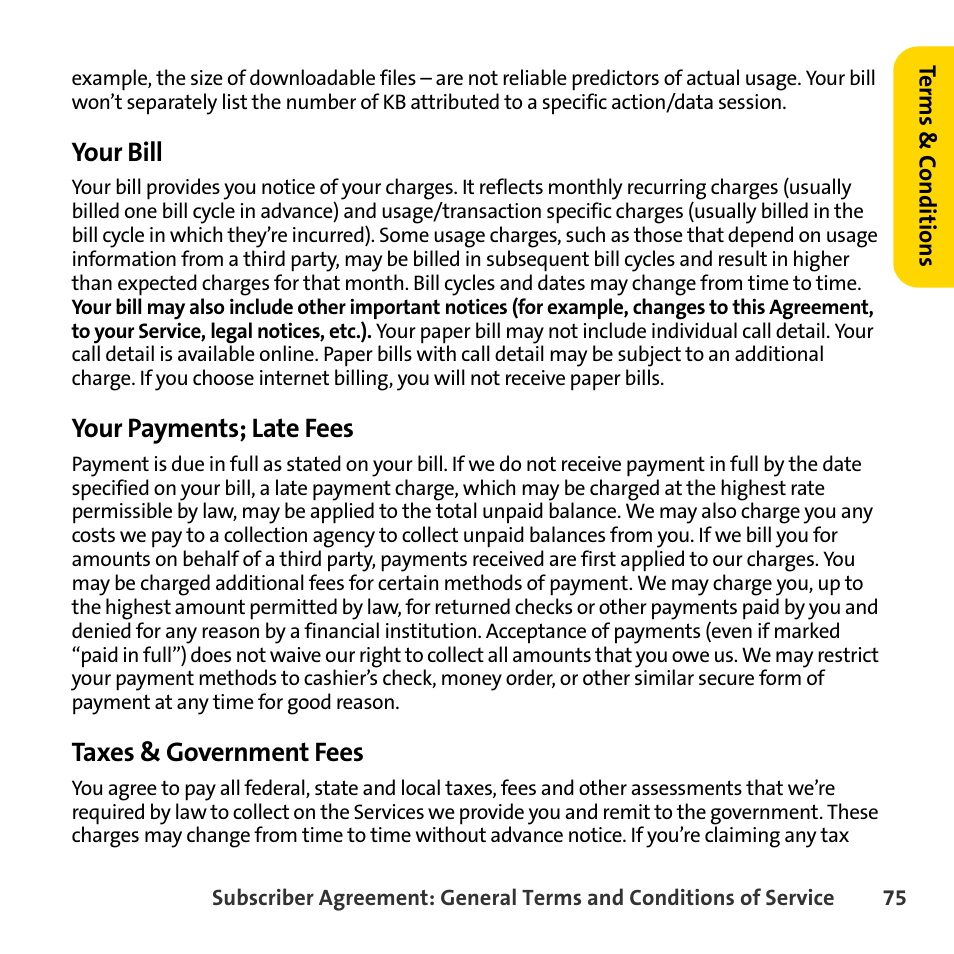 Your bill, Your payments; late fees, Taxes & government fees | Sprint Nextel BlackBerry 8830 User Manual | Page 83 / 92