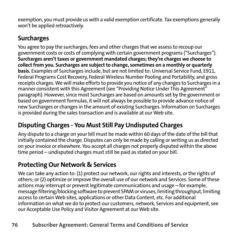 Surcharges, Protecting our network & services | Sprint Nextel BlackBerry 8830 User Manual | Page 84 / 92