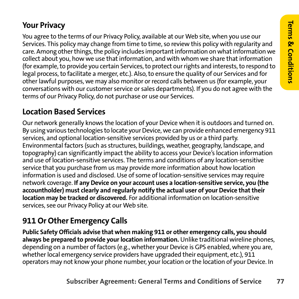 Your privacy, Location based services, 911 or other emergency calls | Sprint Nextel BlackBerry 8830 User Manual | Page 85 / 92