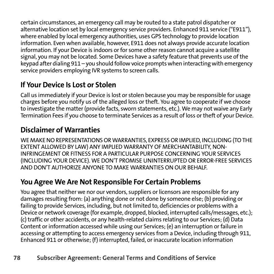 If your device is lost or stolen, Disclaimer of warranties | Sprint Nextel BlackBerry 8830 User Manual | Page 86 / 92