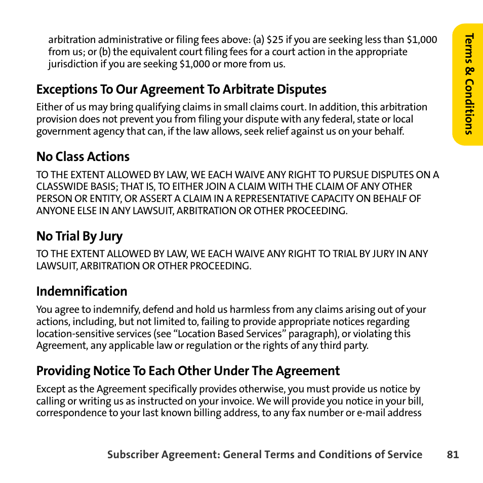 Exceptions to our agreement to arbitrate disputes, No class actions, No trial by jury | Indemnification, Providing notice to each other under the agreement | Sprint Nextel BlackBerry 8830 User Manual | Page 89 / 92
