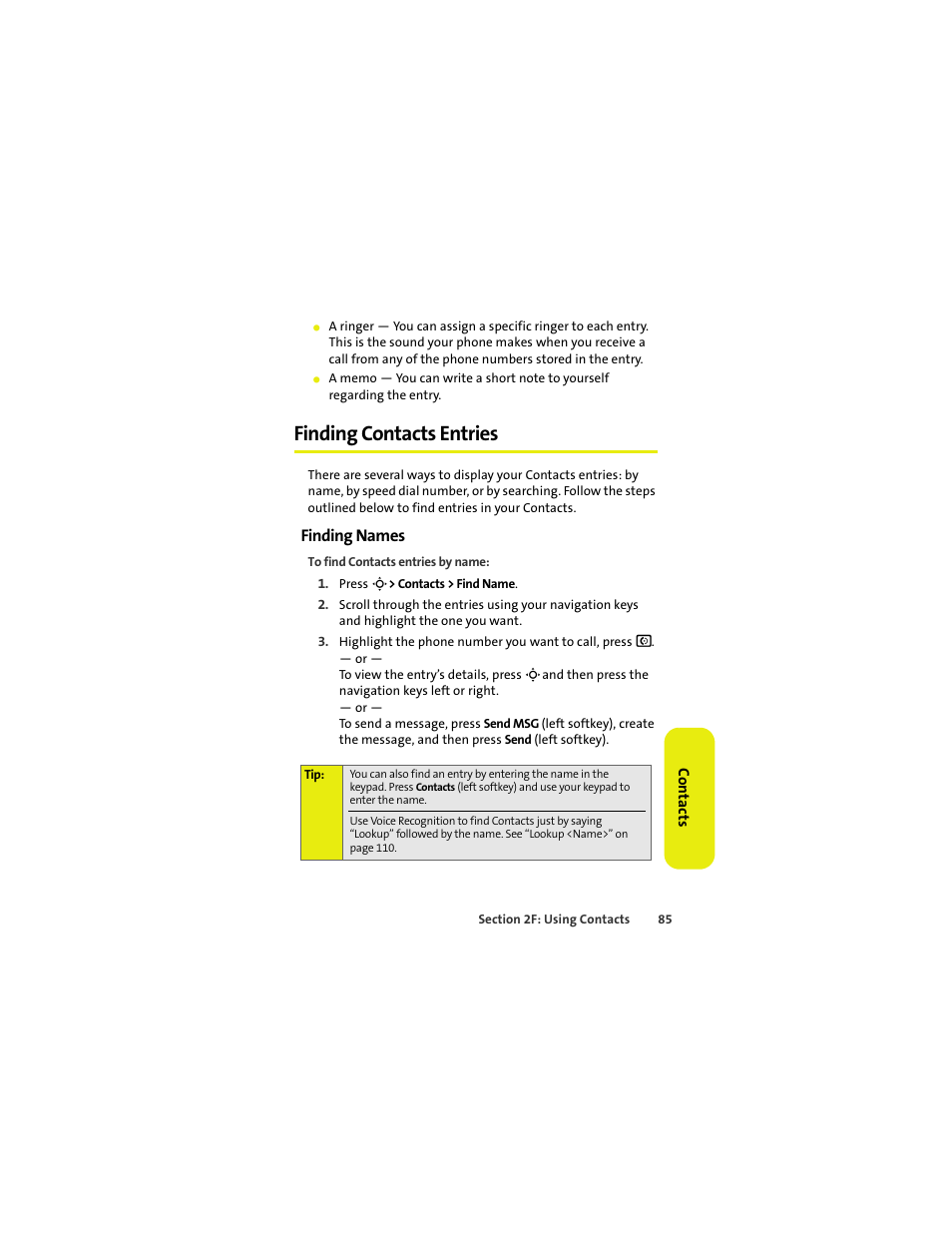 Finding contacts entries, Finding names | Sprint Nextel MOTOKRZR K1M User Manual | Page 101 / 223