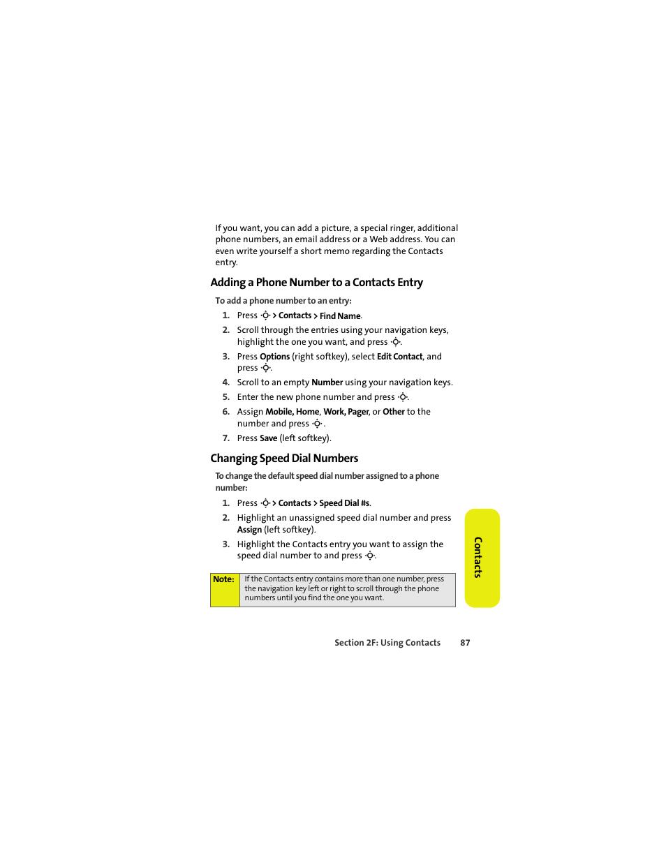 Adding a phone number to a contacts entry, Changing speed dial numbers | Sprint Nextel MOTOKRZR K1M User Manual | Page 103 / 223