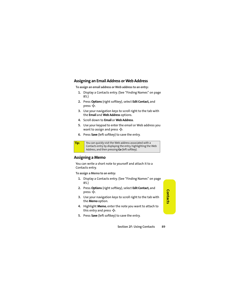 Assigning an email address or web address, Assigning a memo | Sprint Nextel MOTOKRZR K1M User Manual | Page 105 / 223