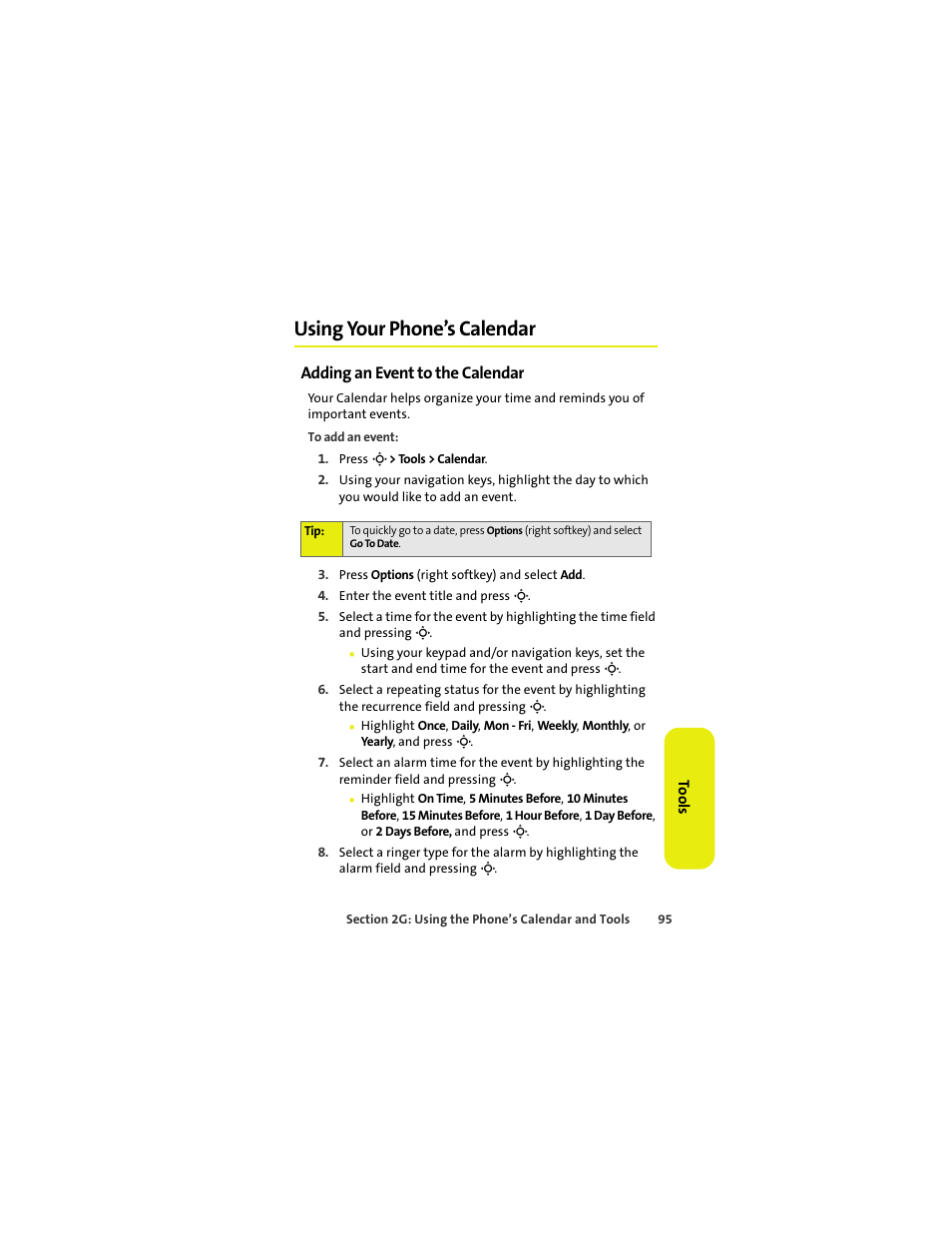 Using your phone’s calendar, Adding an event to the calendar | Sprint Nextel MOTOKRZR K1M User Manual | Page 111 / 223