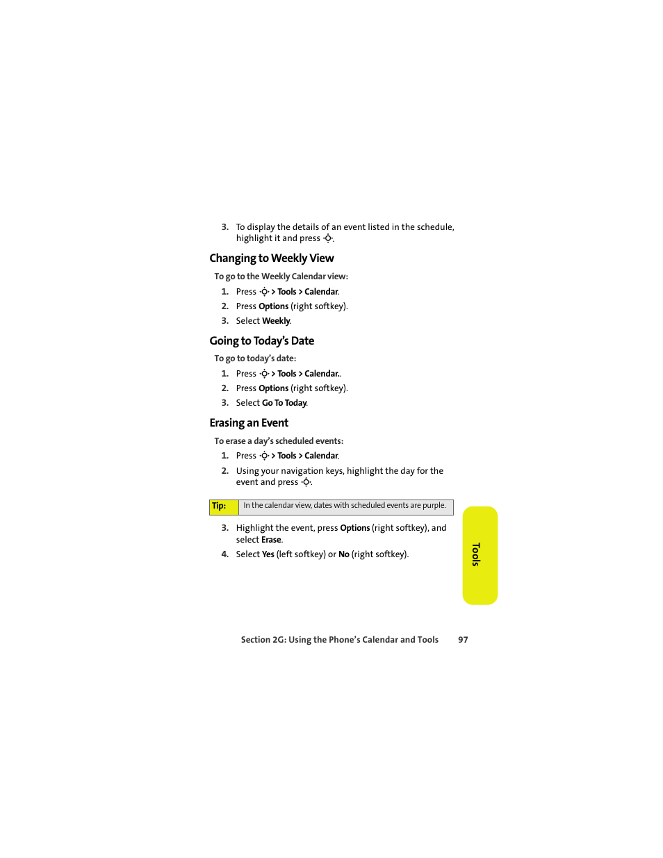 Changing to weekly view, Going to today’s date, Erasing an event | Sprint Nextel MOTOKRZR K1M User Manual | Page 113 / 223