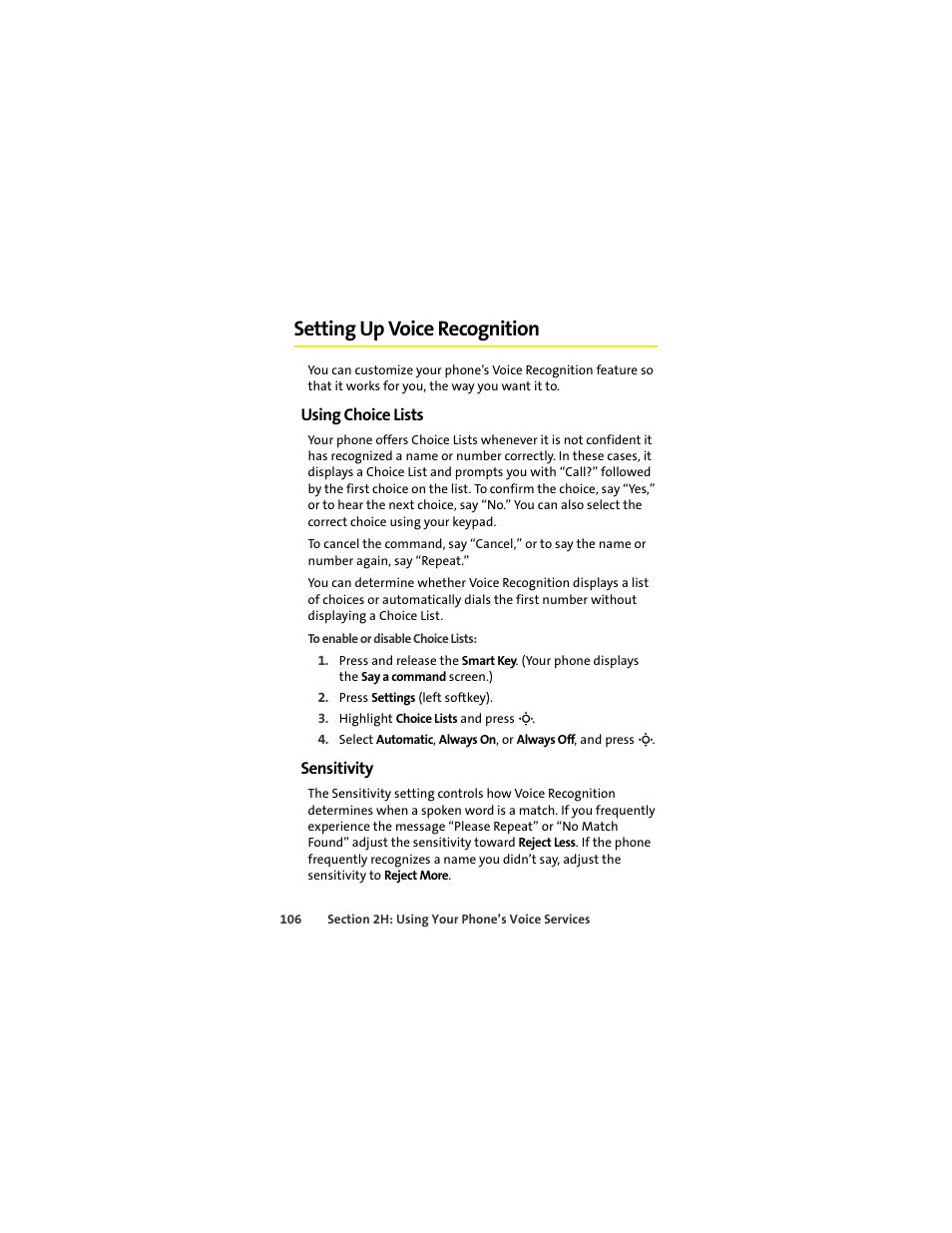 Setting up voice recognition, Using choice lists, Sensitivity | Sprint Nextel MOTOKRZR K1M User Manual | Page 122 / 223