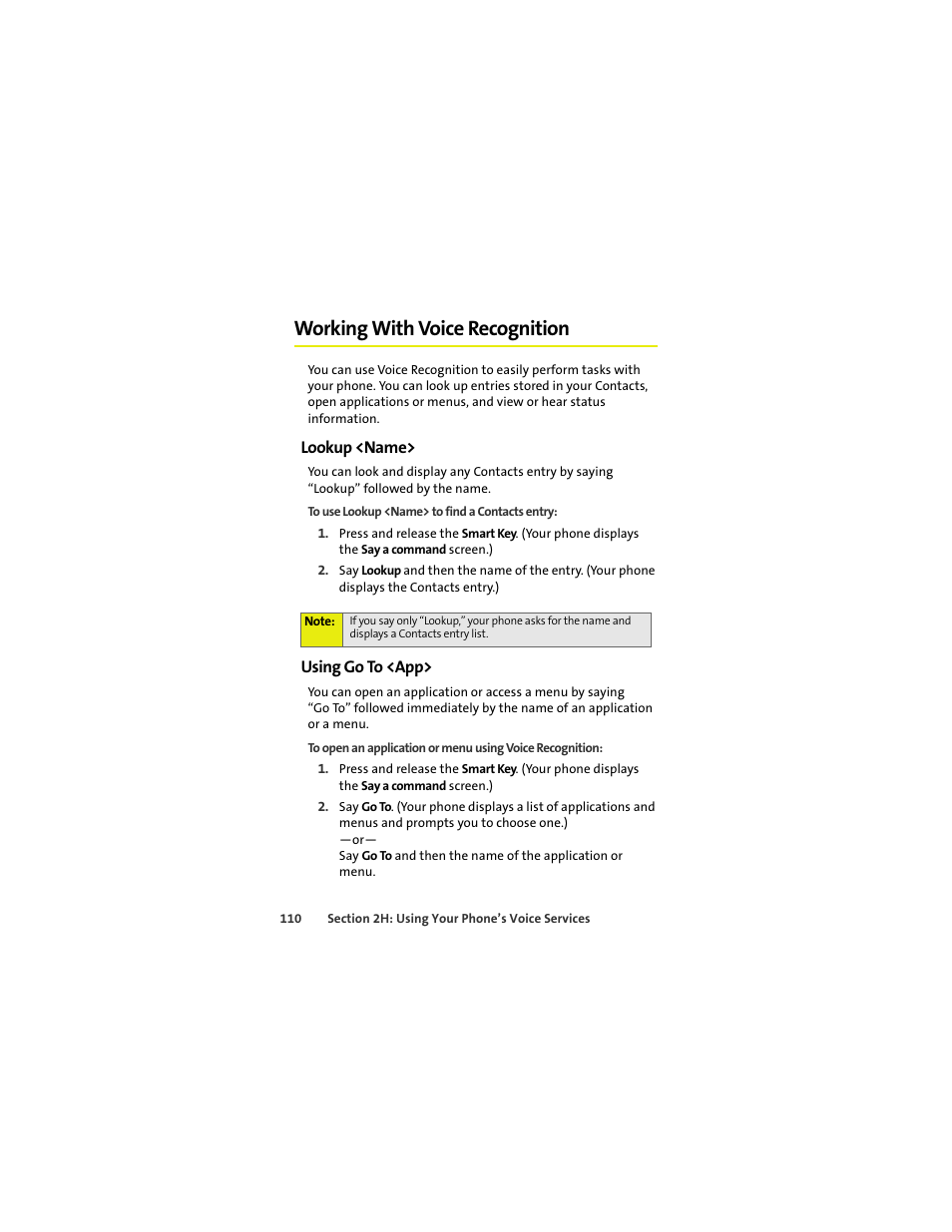 Working with voice recognition, Lookup <name, Using go to <app | Sprint Nextel MOTOKRZR K1M User Manual | Page 126 / 223