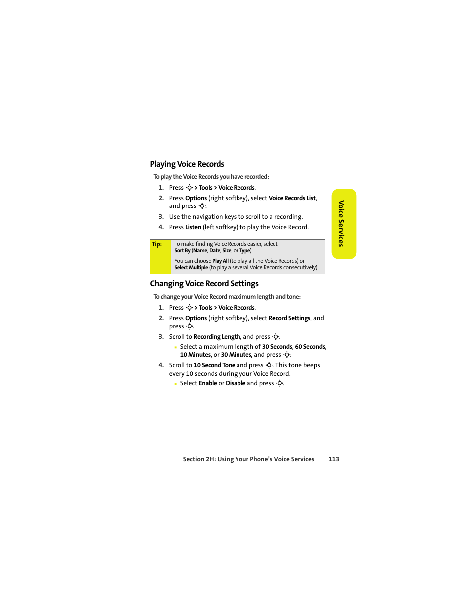 Playing voice records, Changing voice record settings | Sprint Nextel MOTOKRZR K1M User Manual | Page 129 / 223
