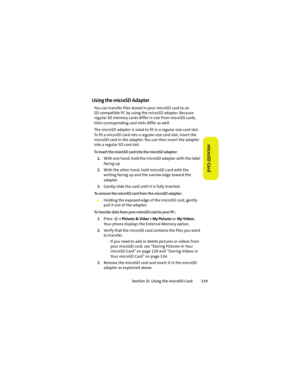 Using the microsd adapter | Sprint Nextel MOTOKRZR K1M User Manual | Page 135 / 223