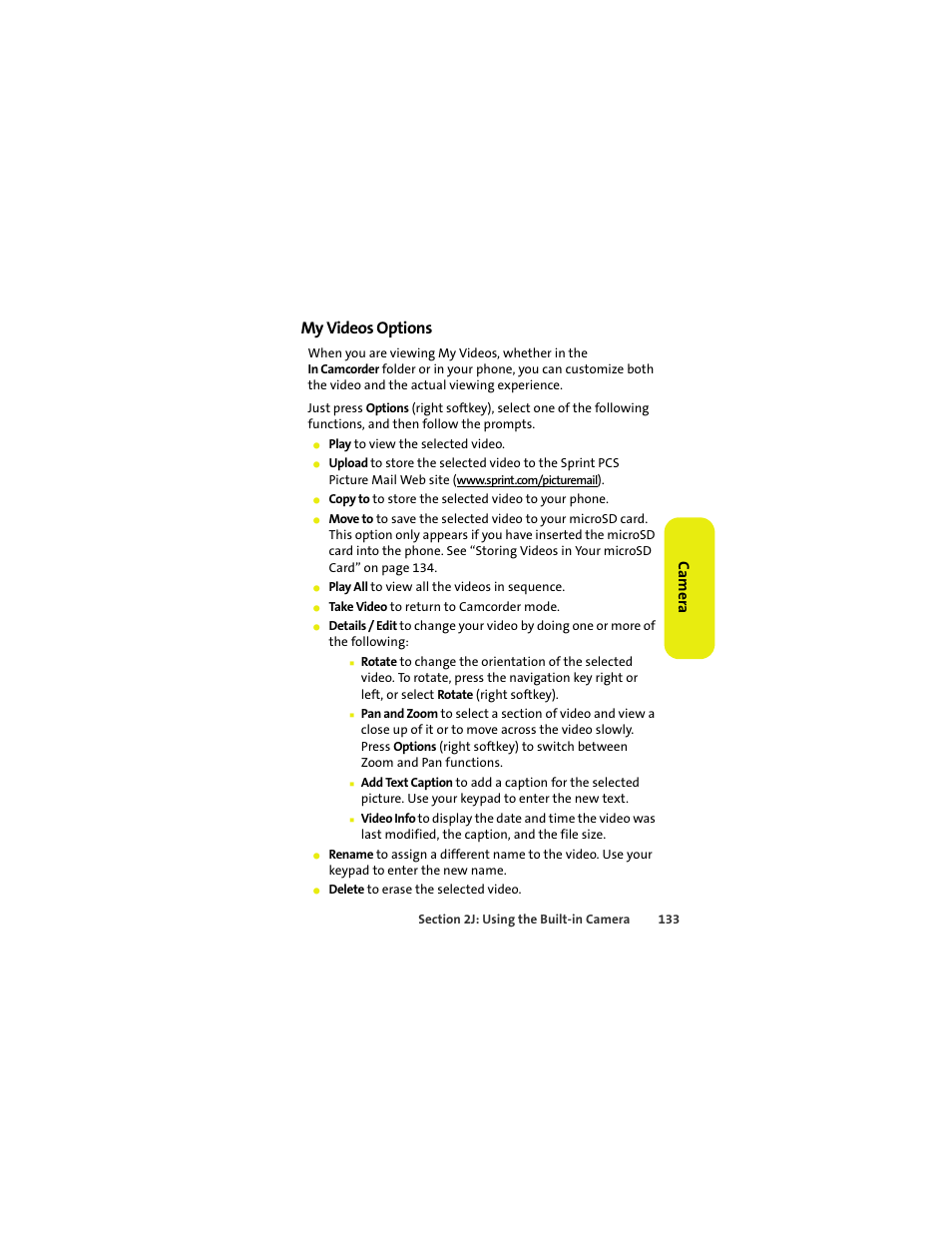 My videos options, Ca m e ra | Sprint Nextel MOTOKRZR K1M User Manual | Page 149 / 223