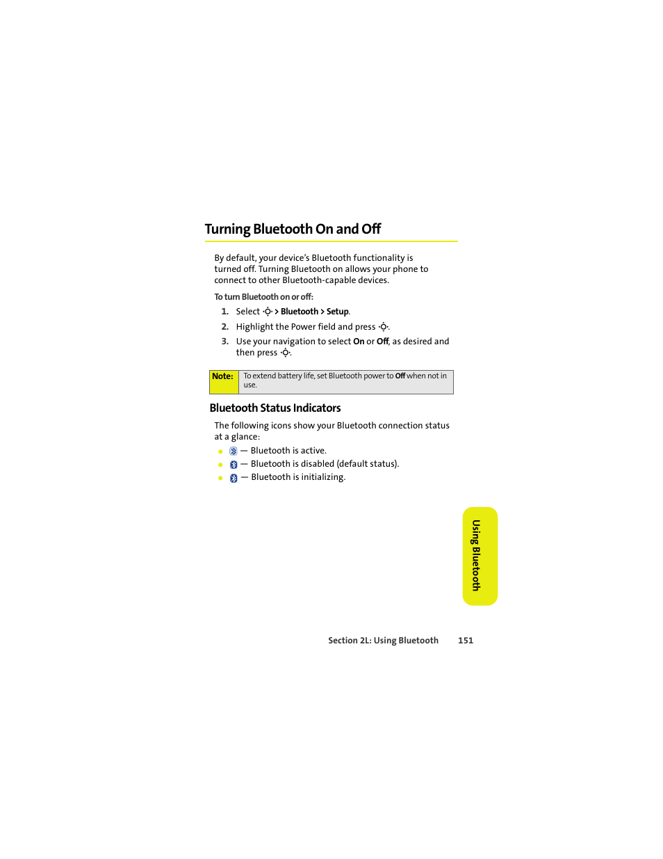 Turning bluetooth on and off, Bluetooth status indicators | Sprint Nextel MOTOKRZR K1M User Manual | Page 167 / 223