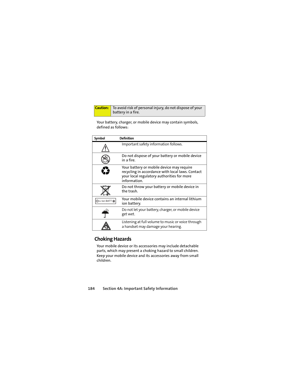 Choking hazards | Sprint Nextel MOTOKRZR K1M User Manual | Page 200 / 223