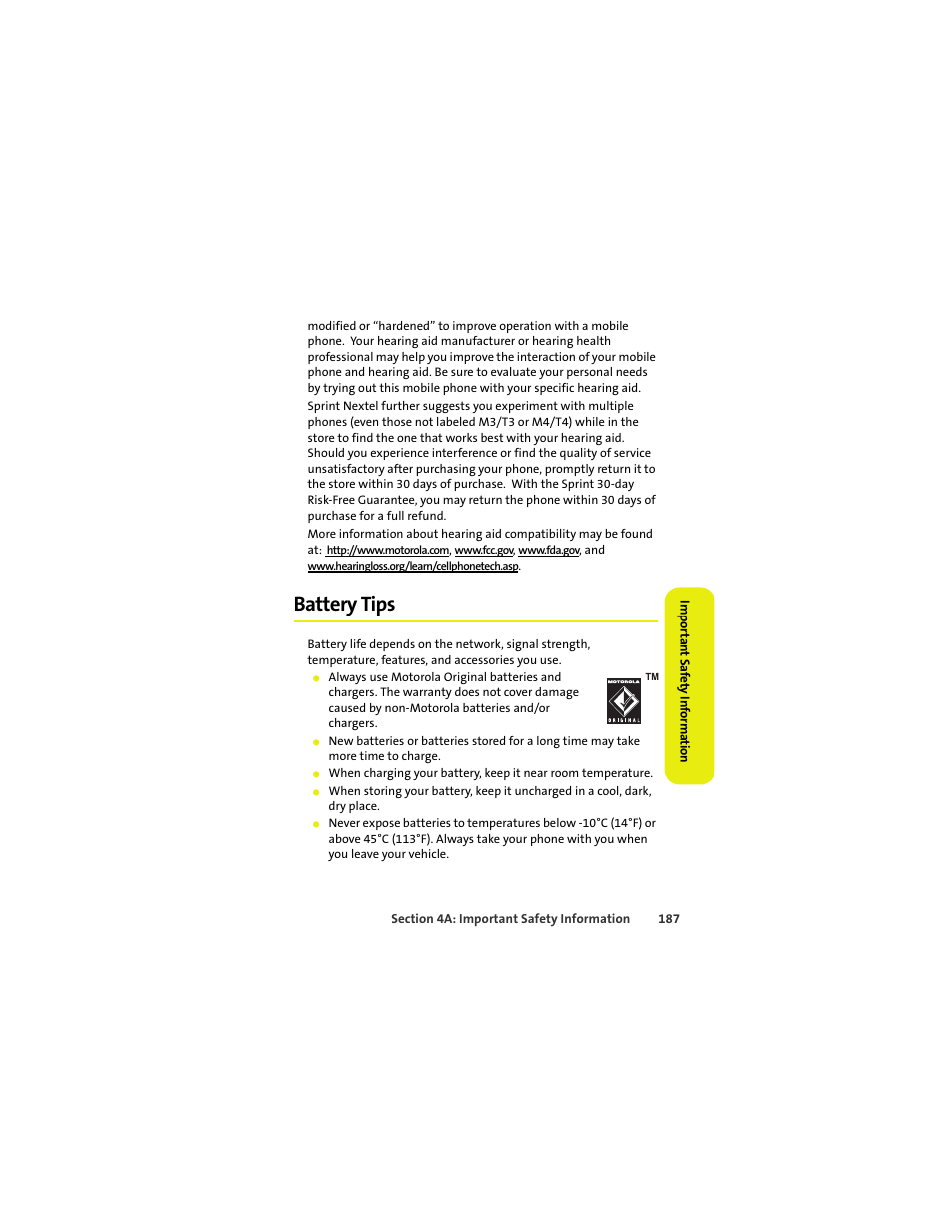 Battery tips | Sprint Nextel MOTOKRZR K1M User Manual | Page 203 / 223